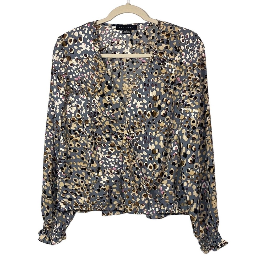 Sanctuary Anthropologie Womens Blue Leopard Faux Wrap Front Blouse Size Medium